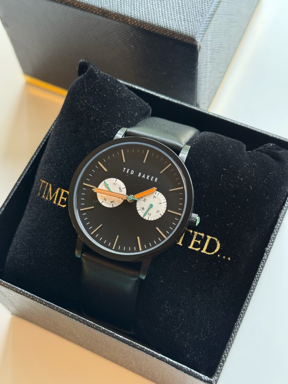 Ted Baker Black Leather Watch with Orange & Mint Accents